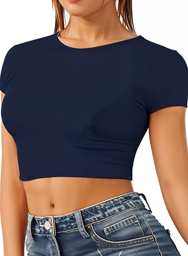 Re Tech UK - Damen Crop Top - Rundhalsausschnitt - kurzärmlig - bauchfrei - Dunkelblau - 36/38 von Re Tech UK