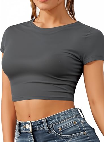 Re Tech UK - Damen Crop Top - Rundhalsausschnitt - kurzärmlig - bauchfrei - Dunkelgrau - 40/42 von Re Tech UK
