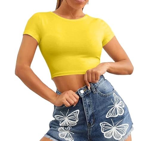 Re Tech UK - Damen Crop Top - Rundhalsausschnitt - kurzärmlig - bauchfrei - Gelb - 40/42 von Re Tech UK