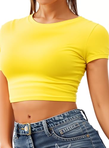 Re Tech UK - Damen Crop Top - Rundhalsausschnitt - kurzärmlig - bauchfrei - Gelb - 40/42 von Re Tech UK