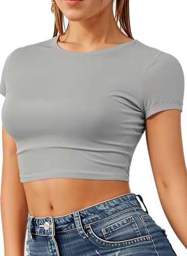 Re Tech UK - Damen Crop Top - Rundhalsausschnitt - kurzärmlig - bauchfrei - Hellgrau - 36/38 von Re Tech UK