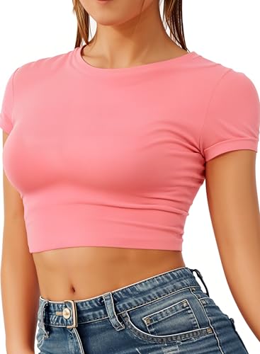 Re Tech UK - Damen Crop Top - Rundhalsausschnitt - kurzärmlig - bauchfrei - Koralle - 36/38 von Re Tech UK