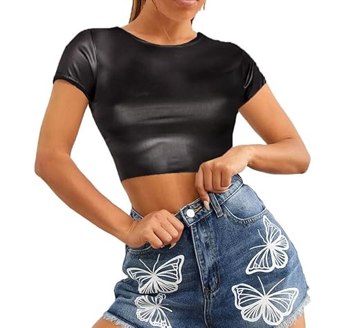 Re Tech UK - Damen Crop Top - Rundhalsausschnitt - kurzärmlig - bauchfrei - Schwarz Wet-Look - 36/38 von Re Tech UK