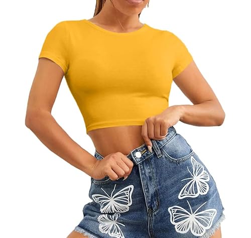 Re Tech UK - Damen Crop Top - Rundhalsausschnitt - kurzärmlig - bauchfrei - Senfgelb - 40/42 von Re Tech UK