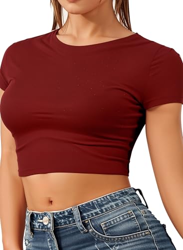 Re Tech UK - Damen Crop Top - Rundhalsausschnitt - kurzärmlig - bauchfrei - Weinrot - 36/38 von Re Tech UK