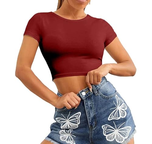 Re Tech UK - Damen Crop Top - Rundhalsausschnitt - kurzärmlig - bauchfrei - Weinrot - 40/42 von Re Tech UK