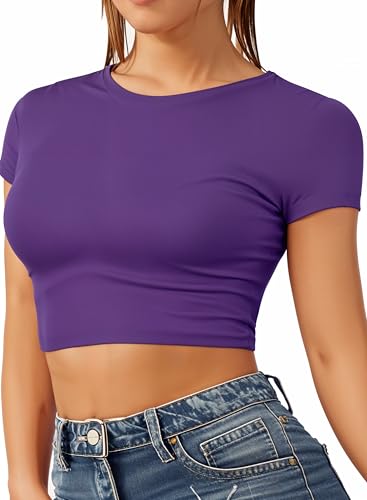 Re Tech UK - Damen Crop Top - Rundhalsausschnitt - kurzärmlig - bauchfrei - Lila - 40/42 von Re Tech UK