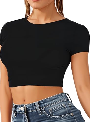 Re Tech UK - Damen Crop Top - Rundhalsausschnitt - kurzärmlig - bauchfrei - Schwarz - 36/38 von Re Tech UK