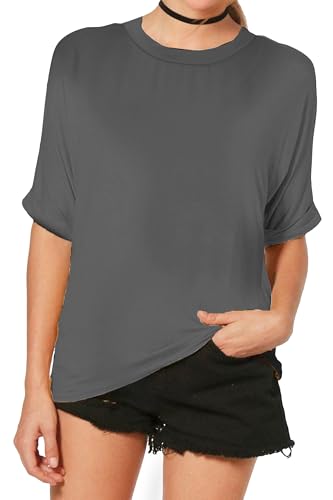 Re Tech UK - Damen T-Shirt im Oversize-Look - breiter Rundhalsausschnitt - krempelbare Ärmel - lang - Dunkelgrau - 48-50 von Re Tech UK