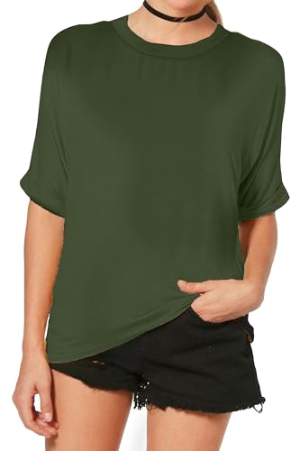 Re Tech UK - Damen T-Shirt im Oversize-Look - breiter Rundhalsausschnitt - krempelbare Ärmel - lang - Khaki - 48-50 von Re Tech UK