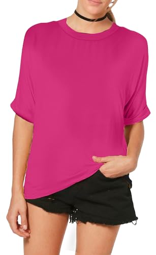 Re Tech UK - Damen T-Shirt im Oversize-Look - breiter Rundhalsausschnitt - krempelbare Ärmel - lang - Pink - 48-50 von Re Tech UK