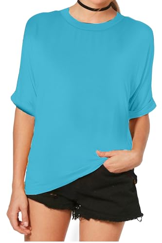 Re Tech UK - Damen T-Shirt im Oversize-Look - breiter Rundhalsausschnitt - krempelbare Ärmel - lang - Türkis - 48-50 von Re Tech UK