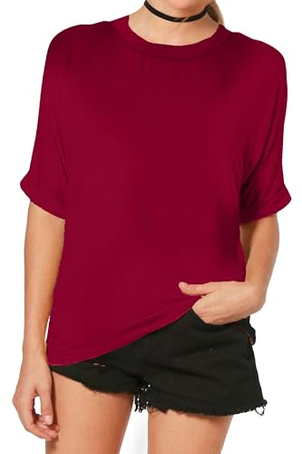 Re Tech UK - Damen T-Shirt im Oversize-Look - breiter Rundhalsausschnitt - krempelbare Ärmel - lang - Weinrot - 52-54 von Re Tech UK
