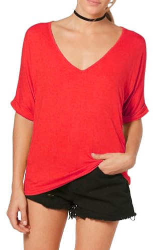 Re Tech UK - Damen T-Shirt - locker - übergroß - V-Ausschnitt - umgekrempelte Ärmel - Rot - 44-46 von Re Tech UK