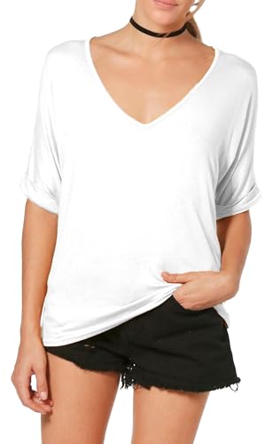 Re Tech UK - Damen T-Shirt - locker - übergroß - V-Ausschnitt - umgekrempelte Ärmel - Weiß - 48-50 von Re Tech UK