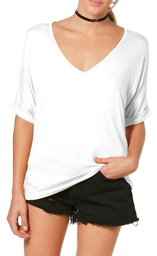 Re Tech UK - Damen T-Shirt - locker - übergroß - V-Ausschnitt - umgekrempelte Ärmel - Weiß - 52-54 von Re Tech UK