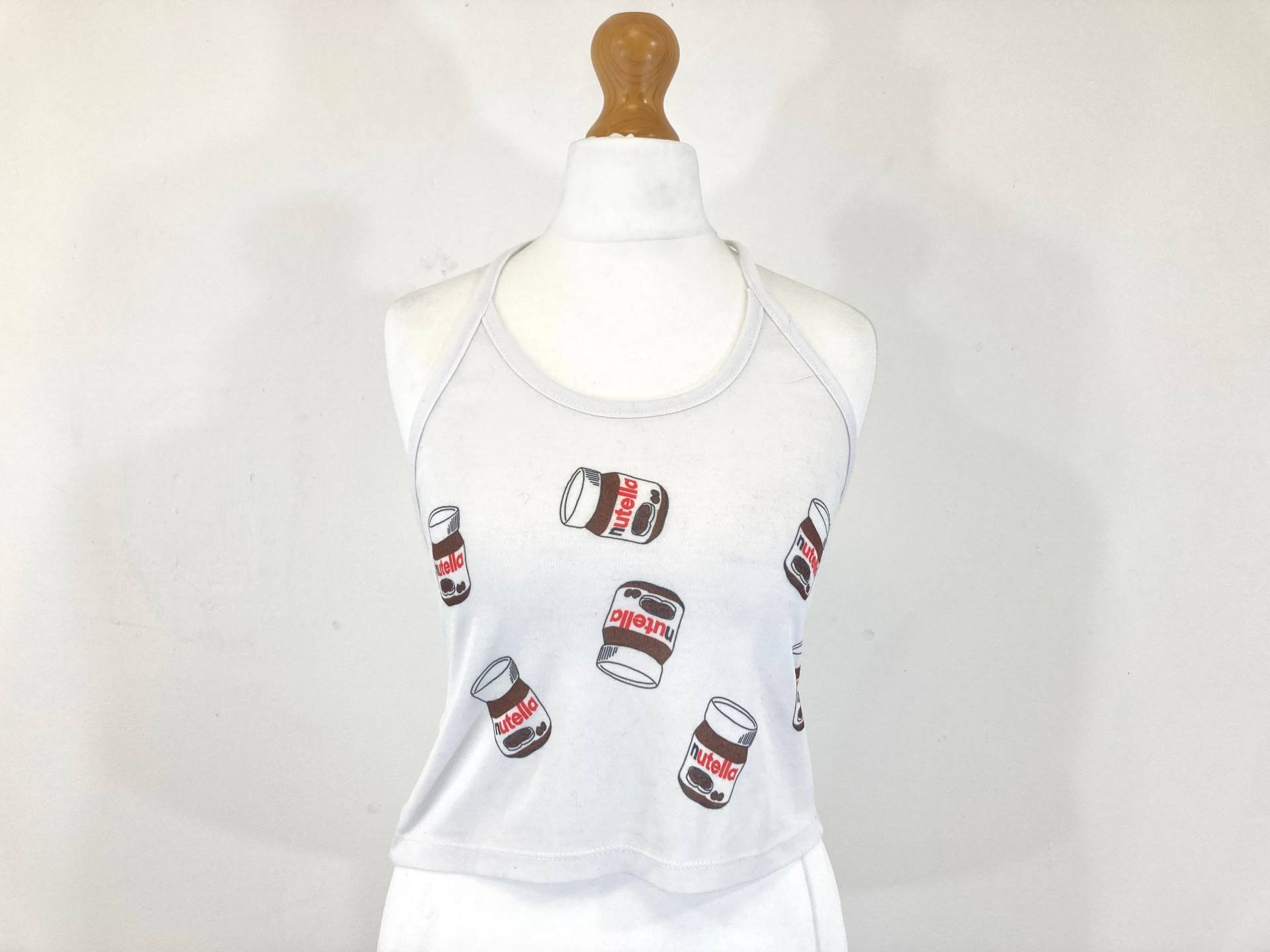 Nutella Print Neckholder Top/Weste Crop Weiß Krawatten Ausschnitt Modern Vintage Unsized von ReFashionWardrobe