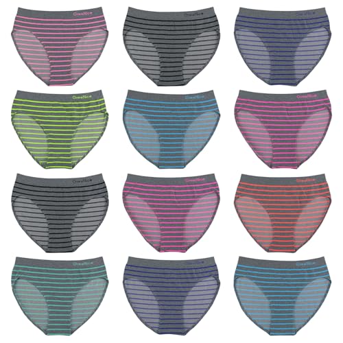 ReKoe 12er Pack Damen Slip Microfaser Neon Schlüpfer Unterwäsche Unterhose Gestreift, Größe:XL-XXL = 42/44 von ReKoe