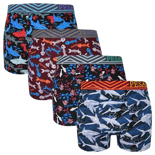 ReKoe 4er Pack Herren Boxershorts Unterhose Shark Hai Wal Fische Fischgräte Korallen, Größe:M von ReKoe