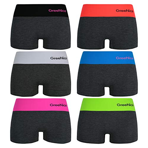 ReKoe 6er Pack Damen Unterwäsche Hot Pants Dessous Gogo Shorts Grau mit Farbigen Bund, Größe:L-XL = 40/42 von ReKoe