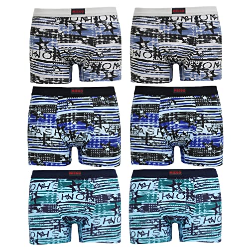 ReKoe 6er Pack Herren Boxershorts Baumwolle Skulls Sterne Grau Schwarz Blau S M L XL, Größe:L = (Etikett XL) von ReKoe