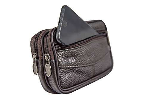 GÜRTELTASCHE Leder braun (Zwei Hauptfächer) - Hüfttasche Bauchtasche Gürtel Tasche Handytasche Geldbörse Handy schwarz Hüfttasche Reisen Wandern Laufen Joggen Reise Wanderung Outdoor Sport von ReNa-Retail