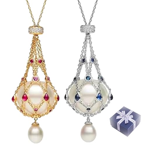 Repaly Lavalier-Anhänger Mit Perlen Und Edelsteinen, Handgefertigte Natürliche Perlenkäfig-Halskette Für Frauen Und Mädchen, Perlenhalter-Halskette, (Blau Rot) von RePaLy