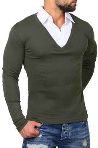 ReRock Herren 2in1 Longsleeve Hemd Kragen Shirt Pullover Langarm mit tiefem V-Ausschnitt einfarbig Slimfit Stretch, Grösse:M, Farbe:Khaki von ReRock