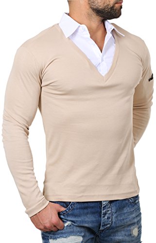 ReRock Herren 2in1 Longsleeve Hemd Kragen Shirt Pullover Langarm mit tiefem V-Ausschnitt einfarbig Slimfit Stretch, Grösse:XL, Farbe:Beige von ReRock