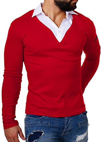 Young & Rich Herren 2in1 Longsleeve Hemd Kragen Shirt Pullover Langarm mit tiefem V-Ausschnitt einfarbig Slimfit Stretch 22235, Grösse:XL, Farbe:Rot von ReRock