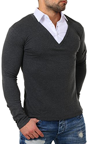 Young & Rich Herren 2in1 Longsleeve Hemd Kragen Shirt Pullover Langarm mit tiefem V-Ausschnitt einfarbig Slimfit Stretch 22235, Grösse:XXL, Farbe:Dunkelgrau - Melange von ReRock