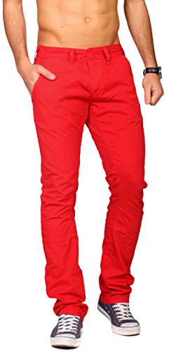 ReRock Herren Chino Sommer Hose Pants Slim Fit schmale Passform Vintage Look 3364, Grösse:W34, Farbe:Rot von ReRock