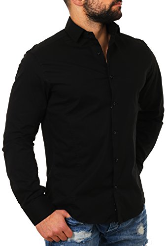 ReRock Herren Uni Hemd Slimfit einfarbig Langarm taillierter körperbetonter Schnitt, Grösse:M, Farbe:Schwarz von ReRock