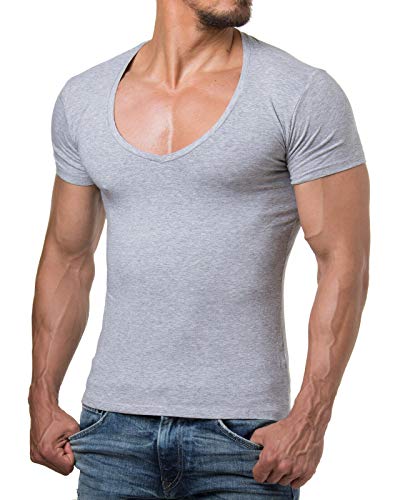 ReRock RR-1315 für Young & Rich 1315 Herren T-Shirt mit tiefem V Ausschnitt einfarbig Fitness T-Shirt - Grey Melange L von ReRock