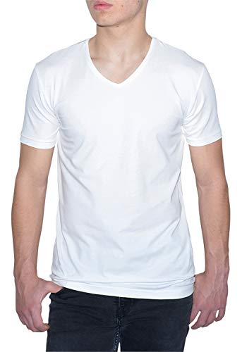 ReRock by Young & Rich Herren Basic T-Shirt mit V-Ausschnitt - Einfarbiges T-Shirt Slim Fit - Farbe Weiß/Größe L von ReRock
