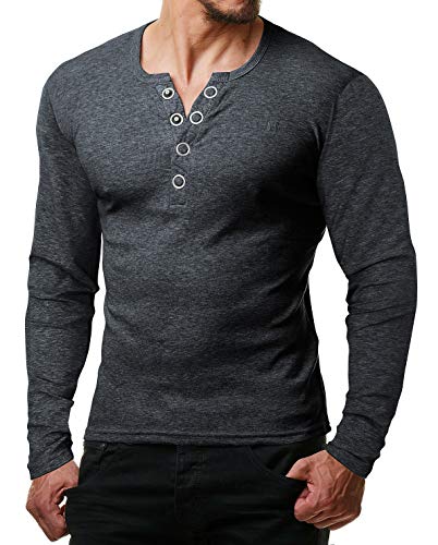 ReRock by Young & Rich Herren Longsleeve Langarm T-Shirt Knopfleiste V Ausschnitt - Henley Shirt Slim fit mit Großen Knöpfen - Serafino Shirt (Anthrazit, M) von ReRock