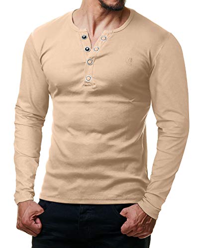 ReRock by Young & Rich Herren Longsleeve Langarm T-Shirt Knopfleiste V Ausschnitt - Henley Shirt Slim fit mit Großen Knöpfen - Serafino Shirt (Beige, M) von ReRock