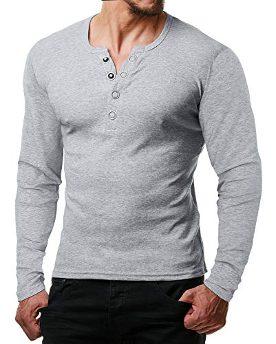 ReRock by Young & Rich Herren Longsleeve Langarm T-Shirt Knopfleiste V Ausschnitt - Henley Shirt Slim fit mit Großen Knöpfen - Serafino Shirt (Grau Melange, S) von ReRock