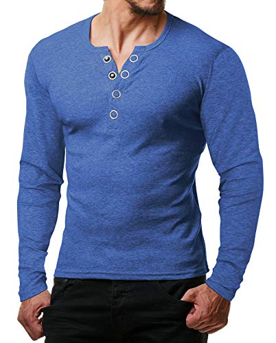 ReRock by Young & Rich Herren Longsleeve Langarm T-Shirt Knopfleiste V Ausschnitt - Henley Shirt Slim fit mit Großen Knöpfen - Serafino Shirt - Blau Melange Größe M von ReRock