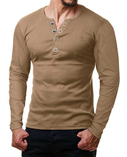 ReRock by Young & Rich Herren Longsleeve Langarm T-Shirt Knopfleiste V Ausschnitt - Henley Shirt Slim fit mit Großen Knöpfen - Serafino Shirt - Light Brown Größe XL von ReRock