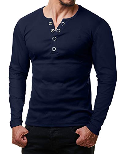 ReRock by Young & Rich Herren Longsleeve Langarm T-Shirt Knopfleiste V Ausschnitt - Henley Shirt Slim fit mit Großen Knöpfen - Serafino Shirt - Navy Größe S von ReRock