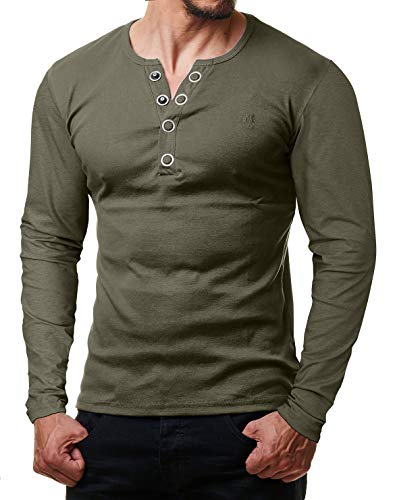 ReRock by Young & Rich Herren Longsleeve Langarm T-Shirt Knopfleiste V Ausschnitt - Henley Shirt Slim fit mit Großen Knöpfen - Serafino Shirt - Olivegrün Größe 3XL von ReRock