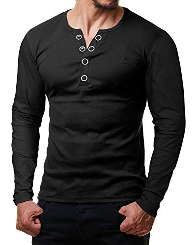 ReRock by Young & Rich Herren Longsleeve Langarm T-Shirt Knopfleiste V Ausschnitt - Henley Shirt Slim fit mit Großen Knöpfen - Serafino Shirt - Schwarz Größe 3XL von ReRock