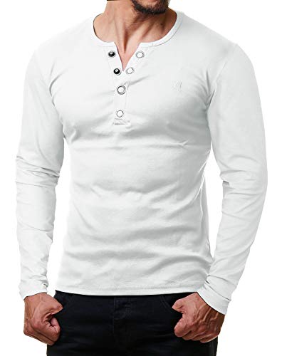 ReRock by Young & Rich Herren Longsleeve Langarm T-Shirt Knopfleiste V Ausschnitt - Henley Shirt Slim fit mit Großen Knöpfen - Serafino Shirt - Weiß Größe XL von ReRock