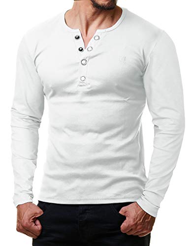 ReRock by Young & Rich Herren Longsleeve Langarm T-Shirt Knopfleiste V Ausschnitt - Henley Shirt Slim fit mit Großen Knöpfen - Serafino Shirt - Weiß Größe XXL von ReRock