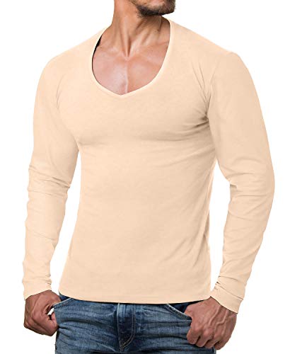 ReRock by Young & Rich Herren Longsleeve mit tiefem V Ausschnitt - Langarm Shirt V einfarbig Slim fit - Uni Basic Langarmshirt V Neck Shirt Stretch - Beige Größe M von ReRock