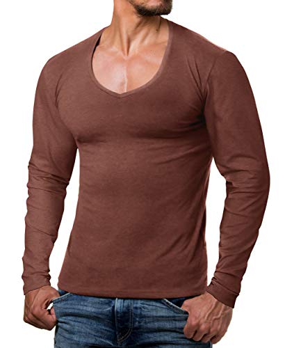 ReRock by Young & Rich Herren Longsleeve mit tiefem V Ausschnitt - Langarm Shirt V einfarbig Slim fit - Uni Basic Langarmshirt V Neck Shirt Stretch - Braun Größe S von ReRock