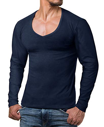 ReRock by Young & Rich Herren Longsleeve mit tiefem V Ausschnitt - Langarm Shirt V einfarbig Slim fit - Uni Basic Langarmshirt V Neck Shirt Stretch - Dunkelblau Größe XXL von ReRock