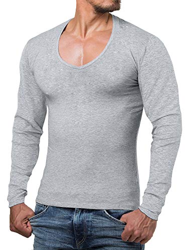 ReRock by Young & Rich Herren Longsleeve mit tiefem V Ausschnitt - Langarm Shirt V einfarbig Slim fit - Uni Basic Langarmshirt V Neck Shirt Stretch - Garu Melange Größe 3XL von ReRock