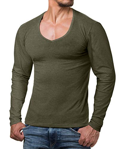 ReRock by Young & Rich Herren Longsleeve mit tiefem V Ausschnitt - Langarm Shirt V einfarbig Slim fit - Uni Basic Langarmshirt V Neck Shirt Stretch - Grün Größe M von ReRock